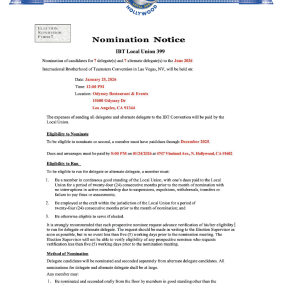 Teamsters Local 399 Delegate Election Nomination Meeting Posting